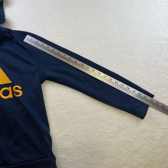 Large Kids Adidas Pullover Hoodie Navy Blue with Gold Stitched Lettering and Log - Picture 8 of 12